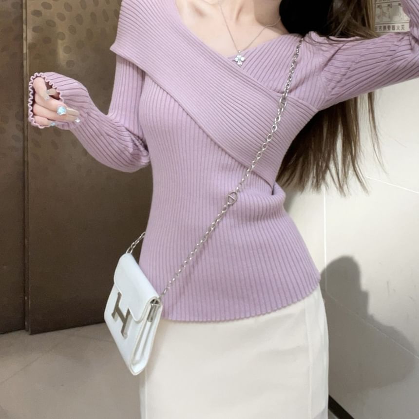 Ribbed Knit Wrap V-Neck Long Sleeve Top