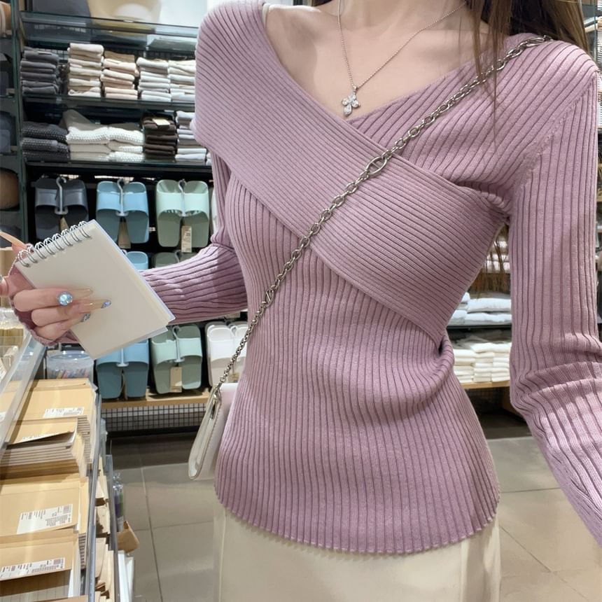 Ribbed Knit Wrap V-Neck Long Sleeve Top