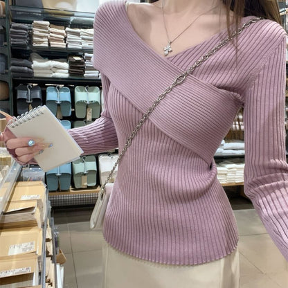 Ribbed Knit Wrap V-Neck Long Sleeve Top