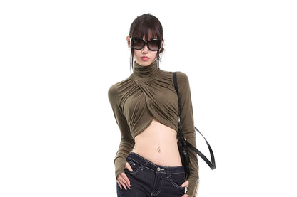 Turtleneck Ruched Crop Long-Sleeve Tee