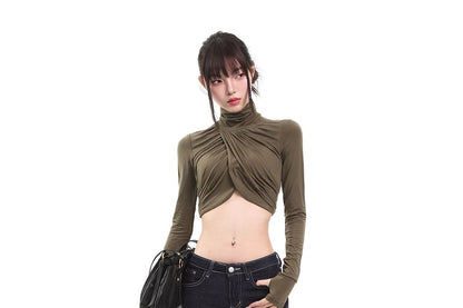 Turtleneck Ruched Crop Long-Sleeve Tee