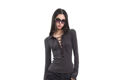 Lace-Up Polo Shirt with Extended Sleeves