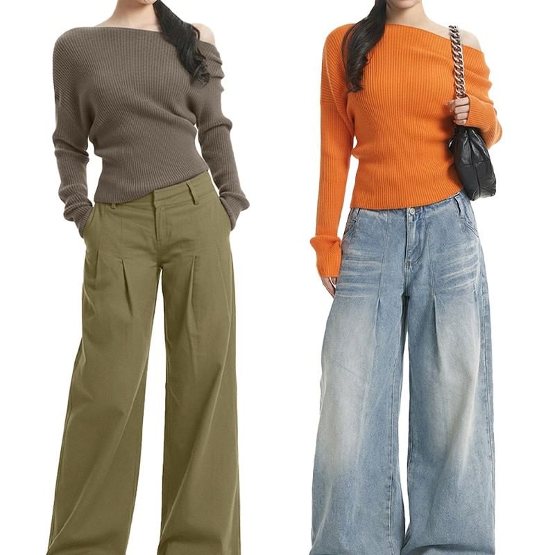 Ribbed Knit Off-Shoulder Long Sleeve Top