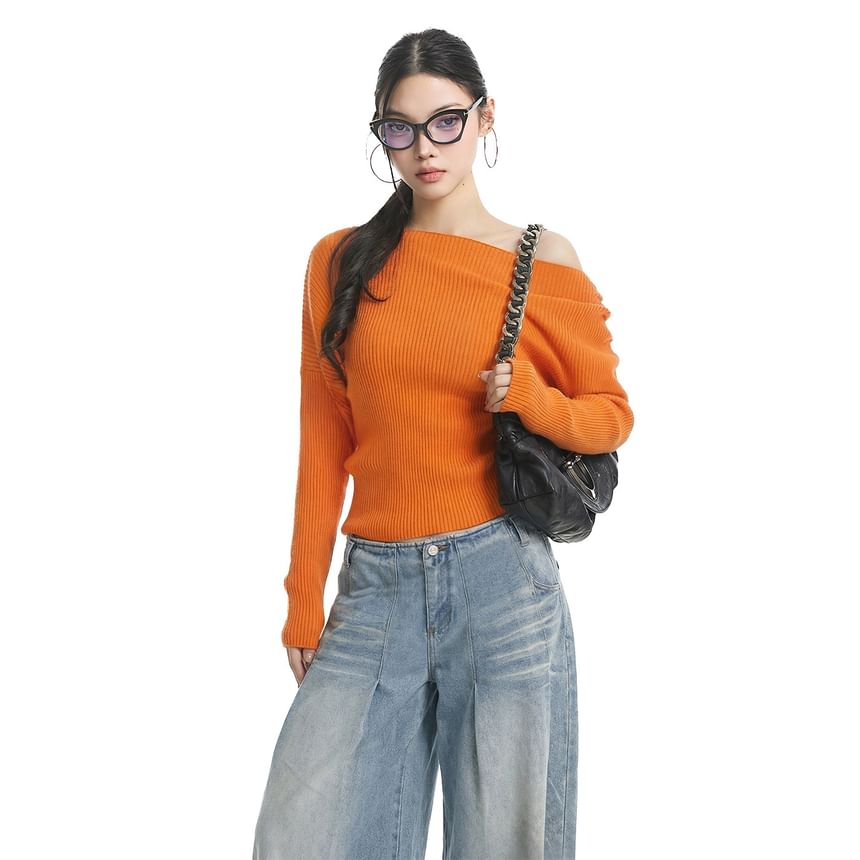 Ribbed Knit Off-Shoulder Long Sleeve Top