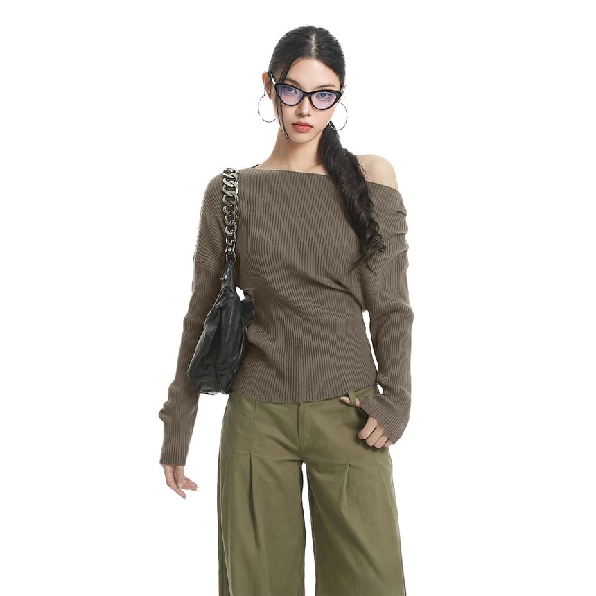 Ribbed Knit Off-Shoulder Long Sleeve Top