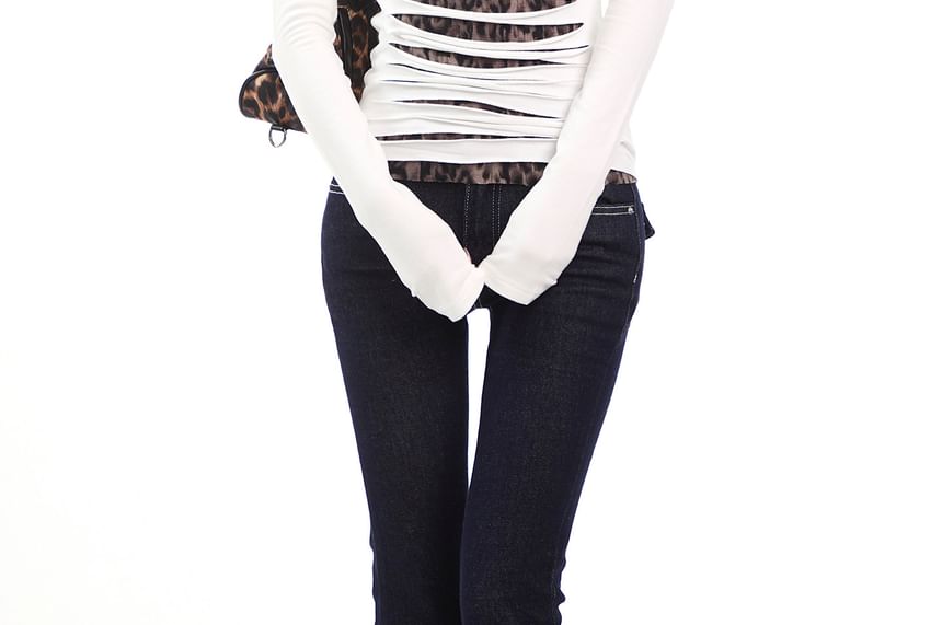 Square-Neck Leopard Panel Long-Sleeve Shirt