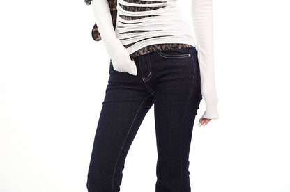 Square-Neck Leopard Panel Long-Sleeve Shirt
