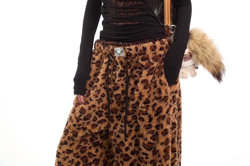 Square-Neck Leopard Panel Long-Sleeve Shirt