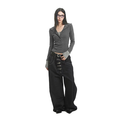 Mock-Neck Henley Long-Sleeve Tee