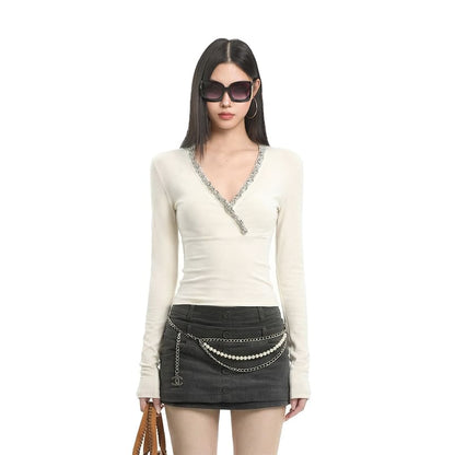 Glitter-Trim V-Neck Long-Sleeve Tee