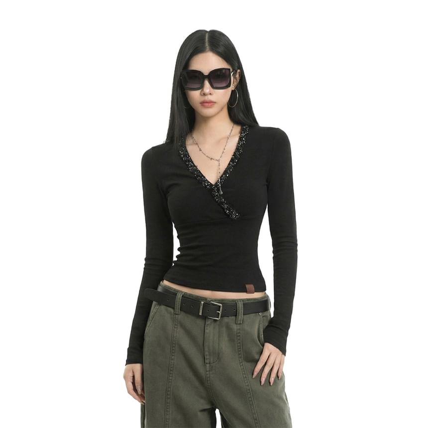 Glitter-Trim V-Neck Long-Sleeve Tee