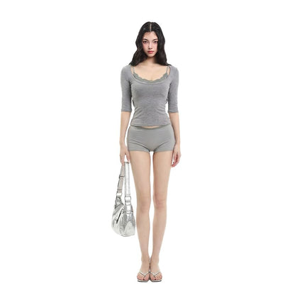 Lace-Trim Square-Neck Elbow-Sleeve Tee