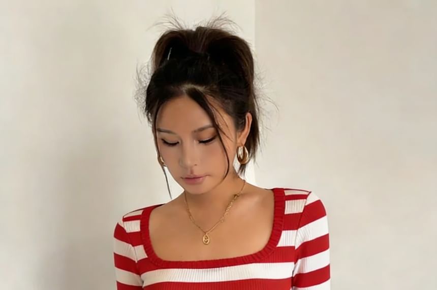 Striped Square Neck Tee with Ruffle Trim Sleeves