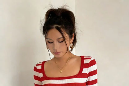 Striped Square Neck Tee with Ruffle Trim Sleeves