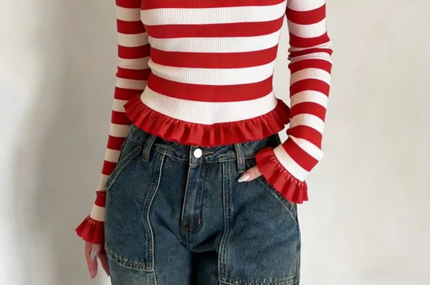 Striped Square Neck Tee with Ruffle Trim Sleeves