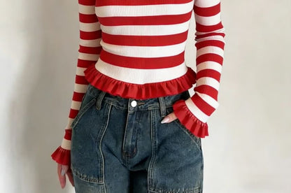 Striped Square Neck Tee with Ruffle Trim Sleeves
