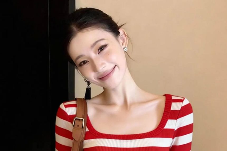 Striped Square Neck Tee with Ruffle Trim Sleeves