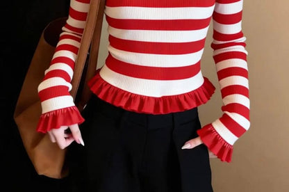 Striped Square Neck Tee with Ruffle Trim Sleeves