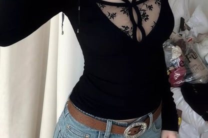 V-Neck Lace Trim Long Sleeve T-Shirt