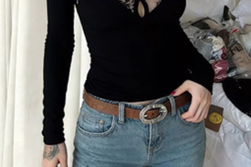 V-Neck Lace Trim Long Sleeve T-Shirt