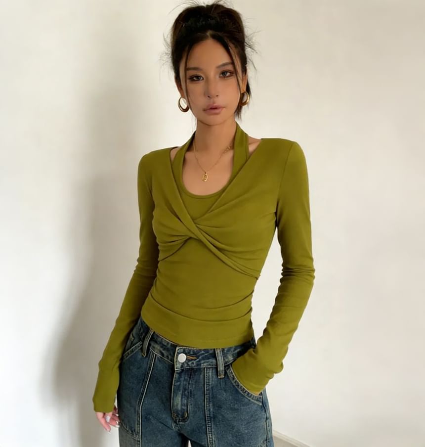 Twisted Halter Neck Long Sleeve Tee