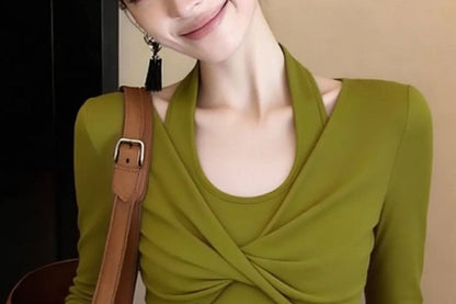 Twisted Halter Neck Long Sleeve Tee
