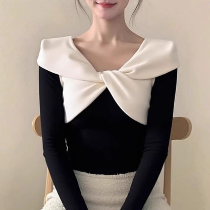 Twisted Two-Tone V-Neck Long Sleeve Top