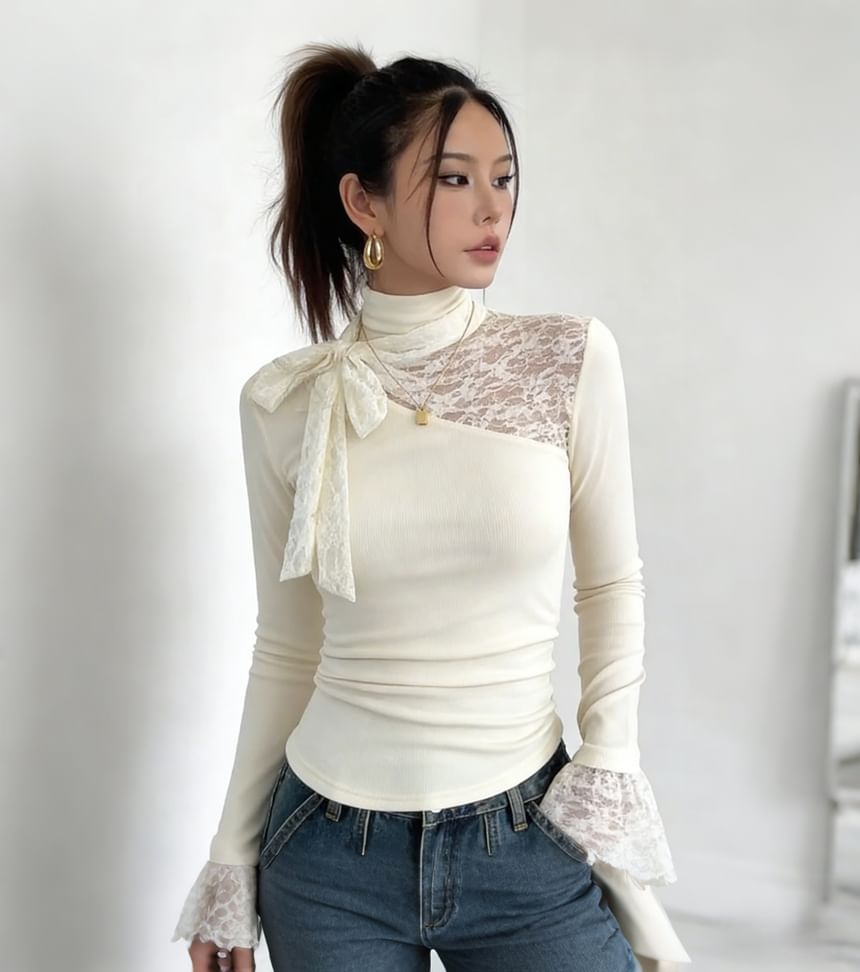 Mock Neck Lace Panel Long Sleeve T-Shirt