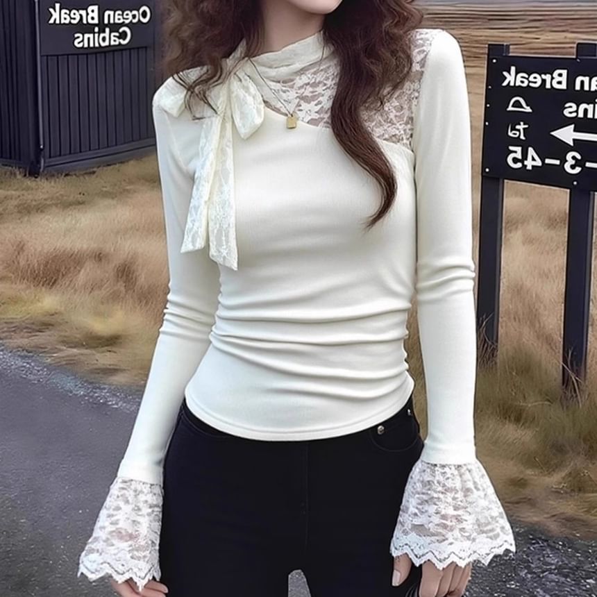 Mock Neck Lace Panel Long Sleeve T-Shirt
