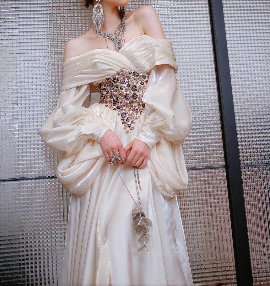 Long-Sleeve Off Shoulder Rhinestone Floral Evening Gown