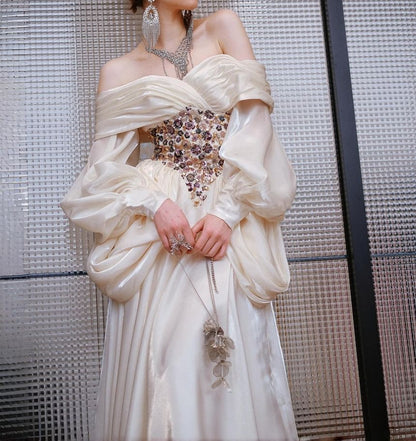 Long-Sleeve Off Shoulder Rhinestone Floral Evening Gown