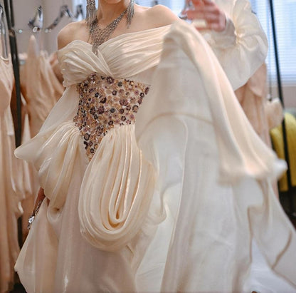 Long-Sleeve Off Shoulder Rhinestone Floral Evening Gown
