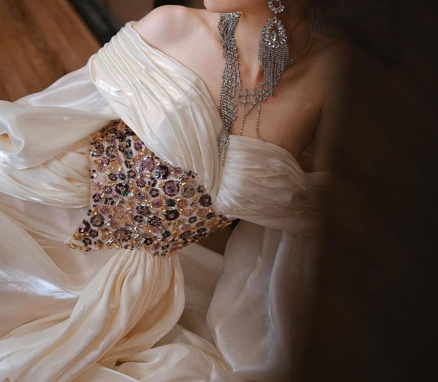 Long-Sleeve Off Shoulder Rhinestone Floral Evening Gown