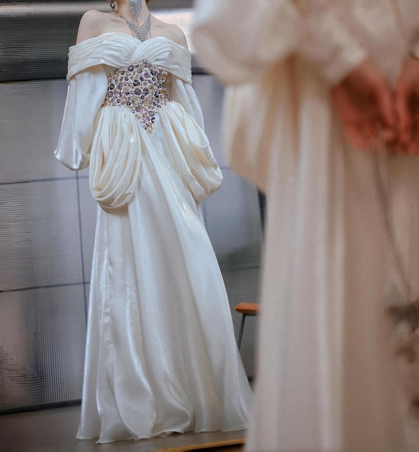 Long-Sleeve Off Shoulder Rhinestone Floral Evening Gown
