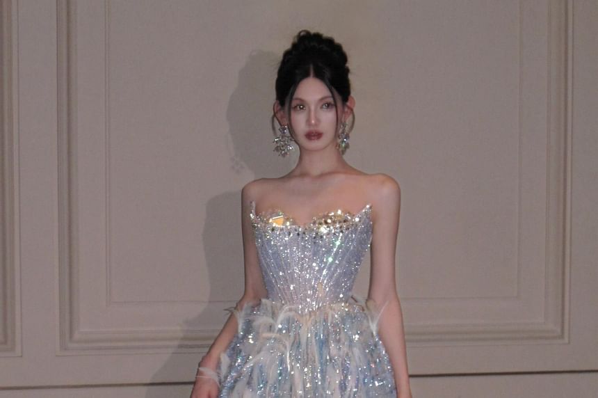 Strapless Rhinestone Glitter A-Line Evening Gown