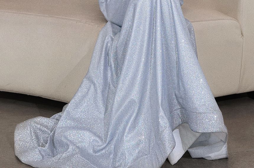 Off Shoulder Ruched Rhinestone Detail A-Line Evening Gown