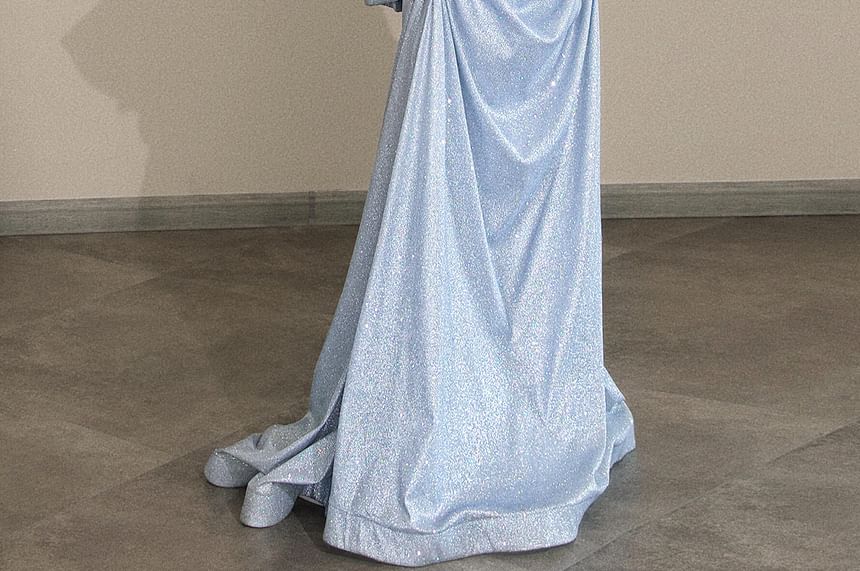 Off Shoulder Ruched Rhinestone Detail A-Line Evening Gown