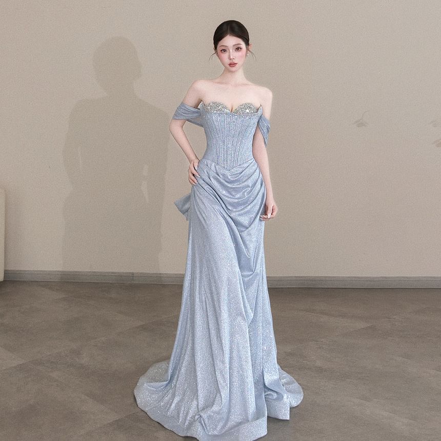 Off Shoulder Ruched Rhinestone Detail A-Line Evening Gown