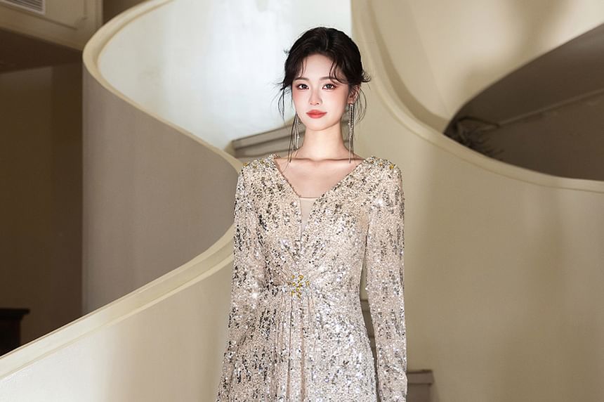 Long-Sleeve V-Neck Sequined A-Line Evening Gown