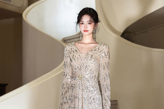 Long-Sleeve V-Neck Sequined A-Line Evening Gown