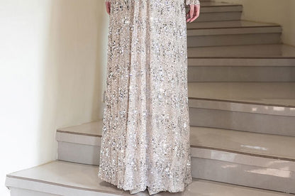 Long-Sleeve V-Neck Sequined A-Line Evening Gown