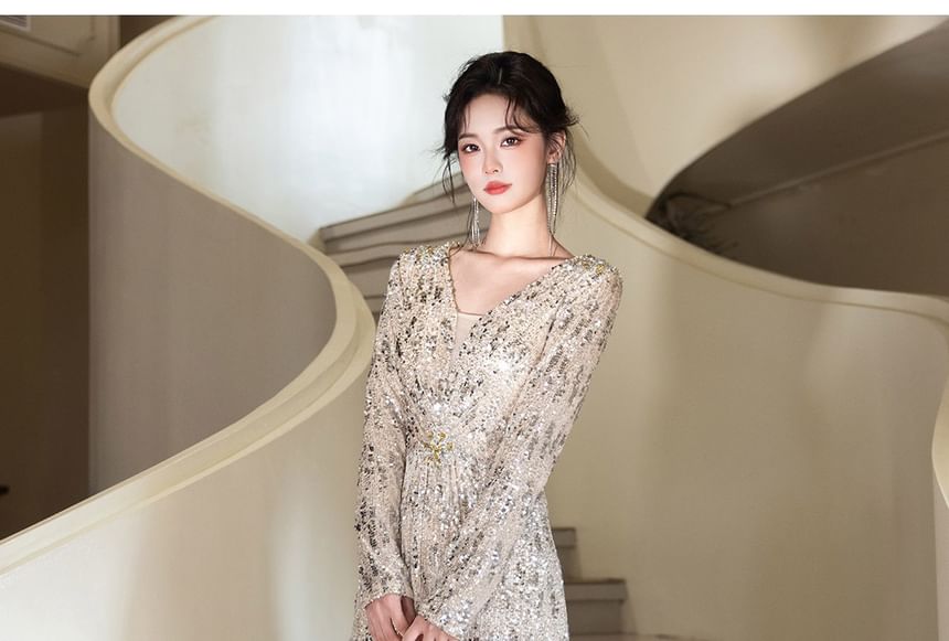 Long-Sleeve V-Neck Sequined A-Line Evening Gown