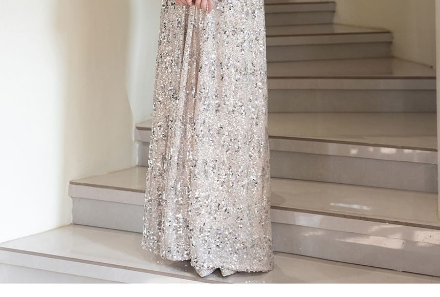 Long-Sleeve V-Neck Sequined A-Line Evening Gown