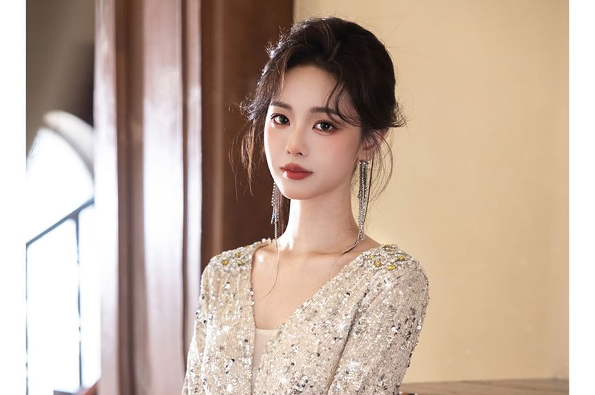 Long-Sleeve V-Neck Sequined A-Line Evening Gown