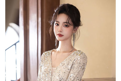 Long-Sleeve V-Neck Sequined A-Line Evening Gown