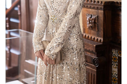 Long-Sleeve V-Neck Sequined A-Line Evening Gown