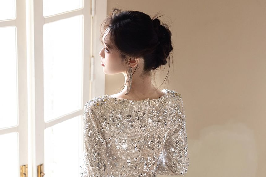 Long-Sleeve V-Neck Sequined A-Line Evening Gown
