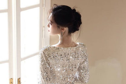 Long-Sleeve V-Neck Sequined A-Line Evening Gown