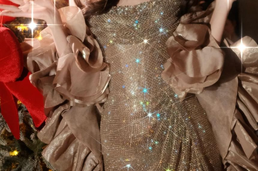 Strapless Glitter Slit Sheath Evening Gown