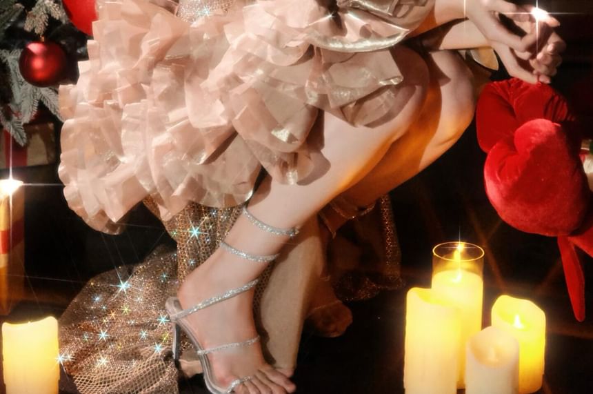 Strapless Glitter Slit Sheath Evening Gown